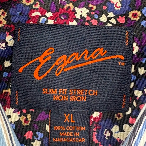 Egara Men’s Slim Fit Blue Tan White Striped Dress Shirt Floral Cuff/Neckline XL - Picture 2 of 10